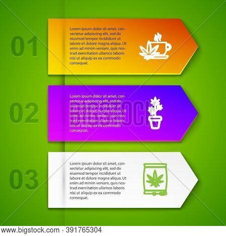 Set Line Cup Tea With Marijuana, Marijuana Plant In Pot, Or Cannabis Seeds And Magnifying Glass And.
