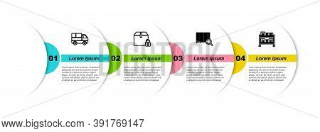 Set Line Delivery Truck With Boxes, Locked Package, Search Barcode And Warehouse. Business Infograph