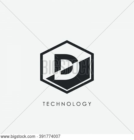 D Letter Hexagon Geometrical Techno Logo. Monogram Hexagon Geometric Outline With Letter Logo Icon F