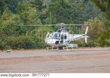 Prospect,  Oregon / Usa - September 13, 2014:  A Small Rescue Helicopter Prepares To Take Off From T
