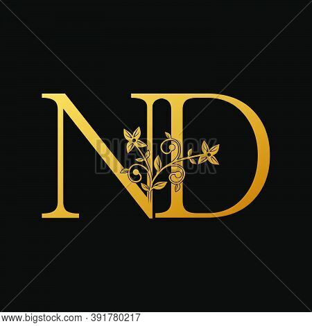 Golden Letter N, D, Nd Luxury  Logo Icon, Vintage Design Concept Floral Leaves With Letter N And D, 