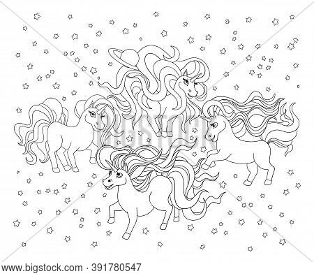 Unicorns In Space. Stars Ond Moon Around. Outline Drawing, Lines For Coloring, Black And White Outli