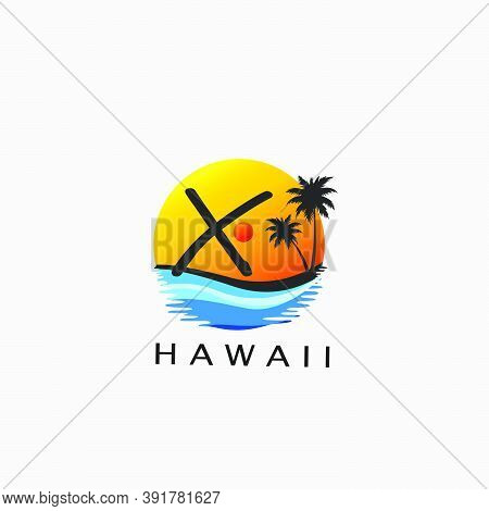 Letter X - Circle Hawaii Palm Beach Logo Icon.  Nature Logo Design Concept Sunset, Palm Tree And  Se