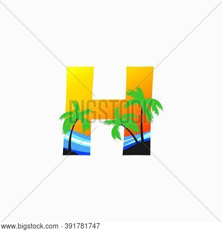 Letter H- Hawaii Palm Beach Logo Icon.  Nature Logo Design Concept Palm Tree And  Sea Wave  For Init