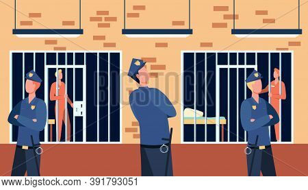 Criminals And Guards In State Prison. Policemen Watching Prisoners In Cells Of Police Department. Ve