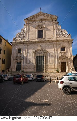 Modern Cars On Street Of  Medieval Town Of Orte In Italy.