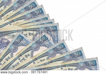 50 Nepalese Rupees Bills Lies Isolated On White Background With Copy Space Stacked In Fan Close Up