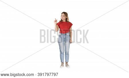 Casual Charming Woman Presenter Puching Imaginary Button On Imag