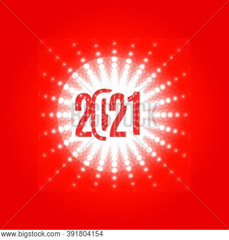 2021 New Year Logo. Number 2021 On A Stylish White Glowing Snowflake On A Red Background. Creative D