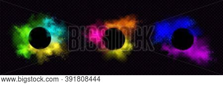 Powder Holi Paints Round Frames Colorful Clouds Or Explosions, Ink Splashes, Decorative Vibrant Dye 