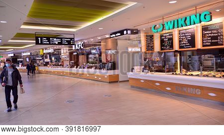 Warsaw, Poland. 27 October 2020. Wide Angle View Of Empty Food Court At Arkadia Shopping Mall. Custo
