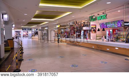 Warsaw, Poland. 27 October 2020. Wide Angle View Of Empty Food Court At Arkadia Shopping Mall. Custo