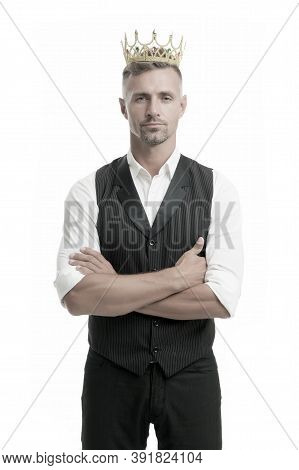 Ambitious And Successful. Big Boss Isolated On White. Handsome Man Wear Crown. Successful Businessma