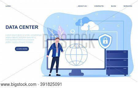 Data Center Concept. Database Protection And Safety, Maintenance Service. Flat Cartoon Vector Illust