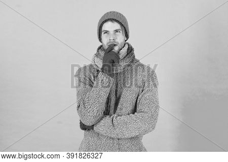 What If. Man Handsome Unshaven Guy Wear Winter Accessories On Blue Background. Winter Season Sale. H
