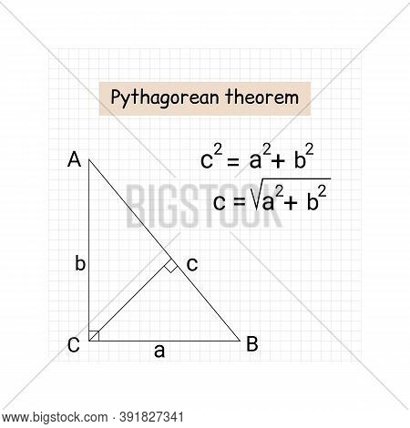 Pythagorean Theorem On Notebook Sheet In Cage. Vector Flat Illustration.