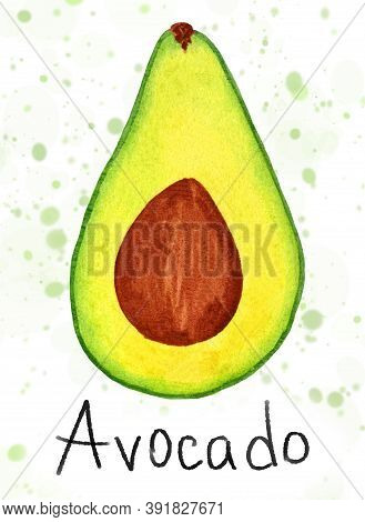 Watercolor Half Avocado With Seed Isolated On White Background. Ripe Fruit Cross Section On Textured