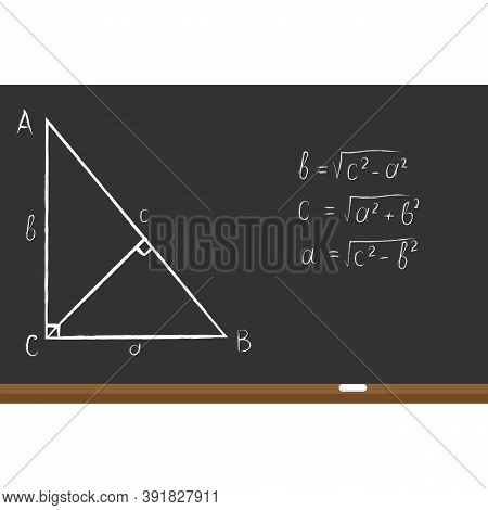 Pythagorean Theorem On Black School Board. Knowledge, Education, Studying Concept. Vector Flat Illus