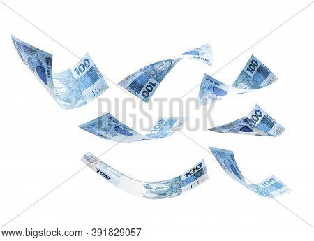 100 Reais Banknotes Falling, One Hundred Reais Banknote From Brazil On Isolated White Background