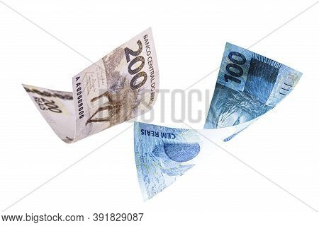 200 And 100 Reais Banknotes Falling, Two Hundred And One Hundred Reais Banknote From Brazil On Isola