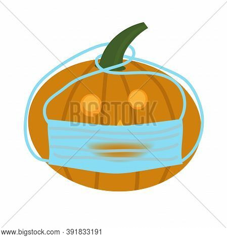 Halloween Pumpkin In Medical Mask With Light Inside Isolated On White Background As A Concept Of Saf