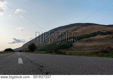 Country Road Through Rural Hillside Autumn Typical Scene Village Asphalt Farming Ground Trasnport