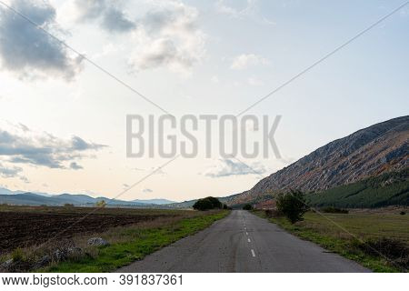 Country Road Through Rural Hillside Autumn Typical Scene Village Asphalt Farming Ground Trasnport
