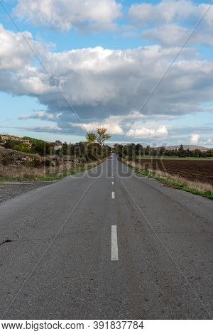 Country Road Through Rural Hillside Autumn Typical Scene Village Asphalt Farming Ground Trasnport