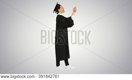 Graduation Student Woman Applauding Smiling On Gradient Backgrou