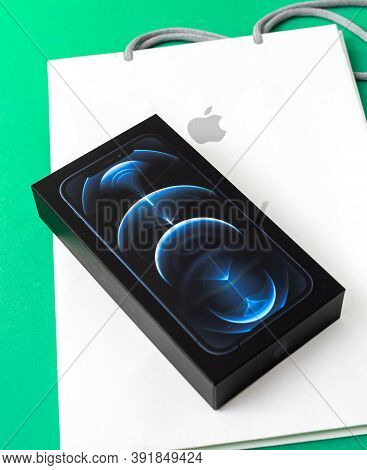 Paris, France - Oct 23, 2020: New Iphone 12 Pro Max 5g Smartphone Model By Apple Computers Close-up 
