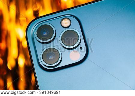 Paris, France - Oct 23, 2020: Futuristic Lidar Sensor And Triple Camera Iphone 12 Pro Max 5g Smartph