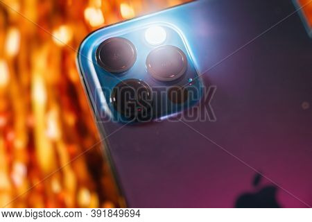 Paris, France - Oct 23, 2020: Flashlight On And Focus On Lidar Sensor On New Iphone 12 Pro Max 5g Sm