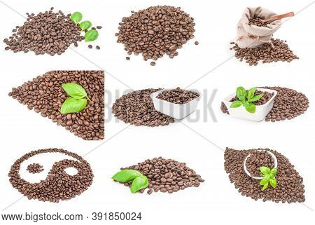 Set Of Pile Of Roasted Coffee Beans Isolated On White