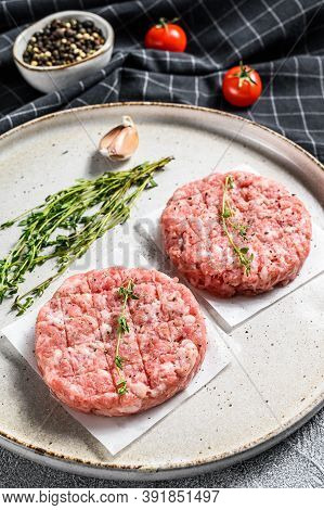 Raw Chicken Cutlets, Ground Meat Patty. Organic Mince. White Background. Top View