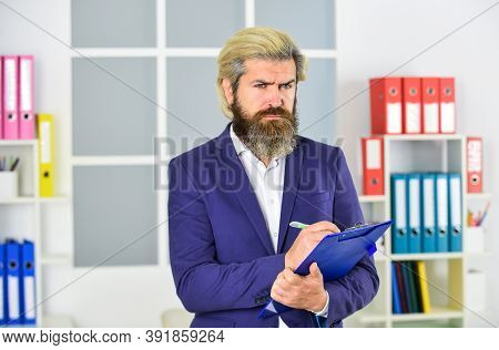 Checking The Result. Businessman Hold Office Folder. Business Management Professional. Chief Informa
