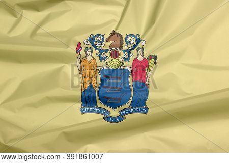 Crease Of New New Jersey Flag Background, The States Of America. The State Coat Of Arms On Buff Colo