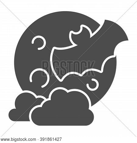 Bat With Full Moon Clouds Solid Icon, Halloween Concept, Big Moon And Flittermouse Sign On White Bac