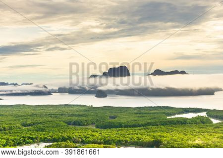 Samet Nangshe Viewpoint At Sunrise In Phang Nga, Thailand.