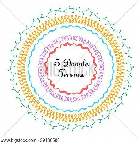 Vector Set Of Hand Drawn Round Frames. Vector Isolated Illustration. Brushes With Corner Tiles And E