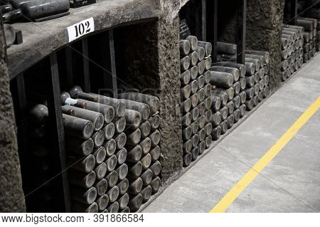 Storage Of Bottled Wine In The Basement Of The Massandra Winery In The Republic Of Crimea, Russia. S