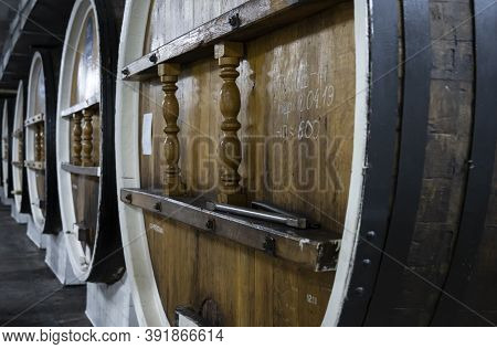 Storage Of Wine In Barrels In The Basement Of The Massandra Winery In The Republic Of Crimea, Russia