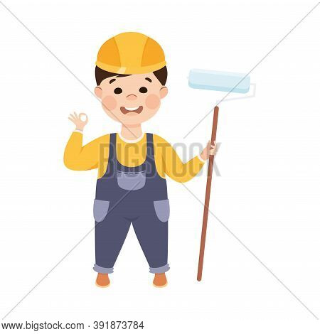 Cute Builder With Roller Brush, Little Boy Painter Character In Hard Hat And Blue Overalls With Cons