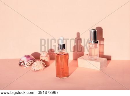 Natural Serums. Concept Of Cosmetic Injection Is Hyaluronic Acid, Botulin, Serum. Concept Of Marine 