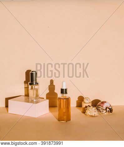 Natural Serums. Concept Of Cosmetic Injection Is Hyaluronic Acid, Botulin, Serum. Concept Of Marine 