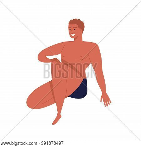 Sunburnt Man In Black Underpants With Fit Body. Naked Male Character In Underwear. Smiling Guy Model