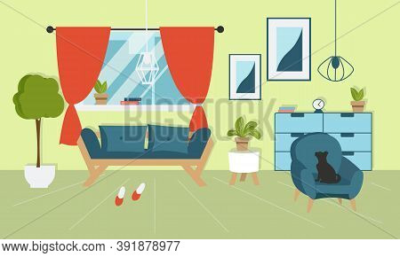 Interior Design With A Black Cat, The Illustration Shows A Window, A Sofa, An Armchair, Decorative O