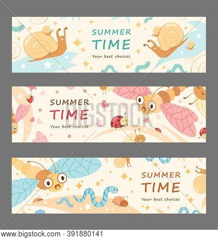 Summer Time Invitation Flyers Set. Dragonfly, Cameo Shell, Caterpillar, Cartoon Insects Vector Illus