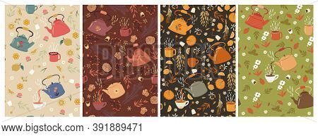 Set Of Seamless Patterns With Teapots And Mugs. Vector Image.