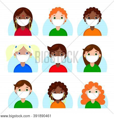 Multinational People Avatars In Protective Face Mask Set. Characters With Different Hairstyles User 
