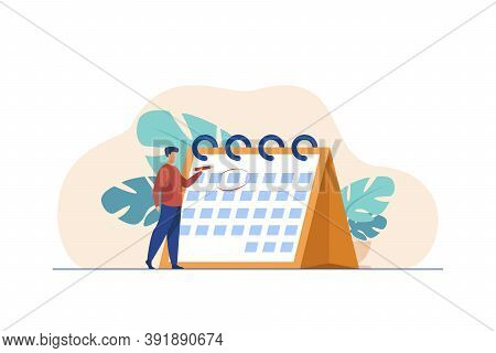 Manager Planning Event. Man Marking Date On Calendar Page Flat Vector Illustration. Scheduling, Time